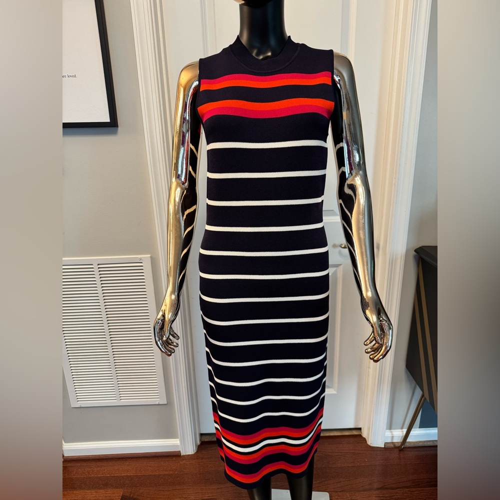 Eliza J Navy, White, Fuchsia and Orange Striped Midi Dress